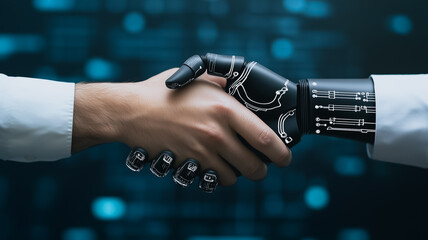 Aufkleber - handshake of innovation: a human and a robotic hand clasps in a handshake, symbolizing the powerful 