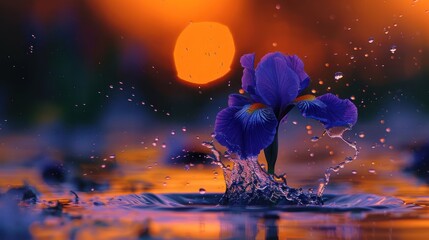 Poster - A vibrant iris flower amidst splashes of water, illuminated by a sunset.