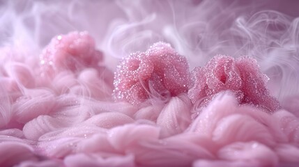 Poster - A soft, pink, textured composition featuring rose-like forms amidst wispy smoke.