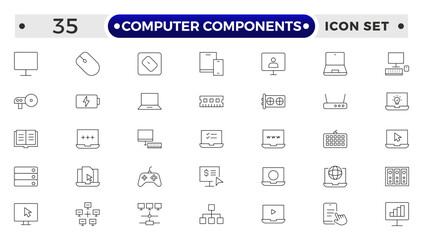 Computer components icon set. Containing online, computer, network, website, server, web design, hardware, software and programming.