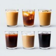 © Who is Santi - Four cold coffee drinks arranged in a neat grid on a light gray background, each with different glassware and ice cubes.