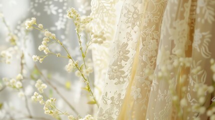 Aufkleber - A delicate lace curtain softly filtering light, accompanied by blooming branches.
