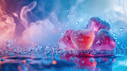 Poster - Colorful heart-shaped candies with droplets and mist, creating a dreamy atmosphere.