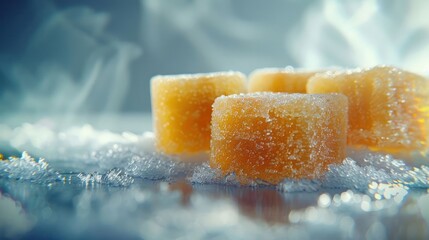 Poster - Close-up of sugar cubes on a reflective surface with a misty background.