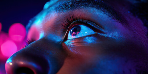 Poster - Close-up of Human Eye and Face with Blue and Pink Lighting