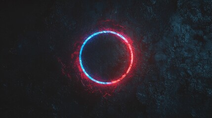 Poster - a modern digital tech background supports a black circle with a vibrant blue neon glow, reflecting c