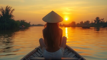 The concept of global SEO keywords is embodied in the peaceful image of a woman wearing a straw hat while taking a boat ride at sunset, with calm waters and a colorful sky surrounding her