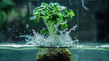 Poster - A plant submerged in water creates splashes and bubbles, showcasing nature's beauty.