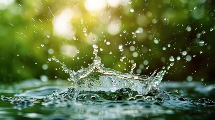 Poster - A splash of water creating droplets against a blurred green background.