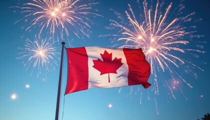 Leinwandbilder - Canadian flag flutters against blue sky with festive Victoria Day fireworks. Red maple leaf emblem. National patriotic holiday celebration, festive mood, banner, decoration design element.