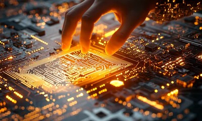 Poster - Hand Interacting with Glowing Circuit Board Fingerprint Pattern