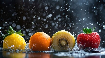 Poster - Vibrant fruits splashing in water, showcasing freshness and vitality.