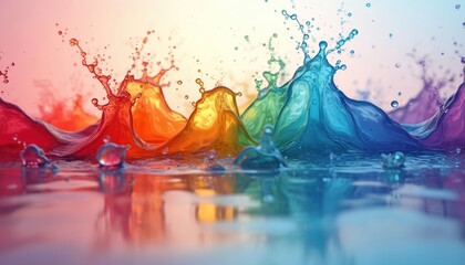 Aufkleber - Rainbow liquid waves splashing on light gradient background. Liquid explosion with multiple colors like red blue yellow. Conceptual modern design representing motion, emotions, vibrant energy.