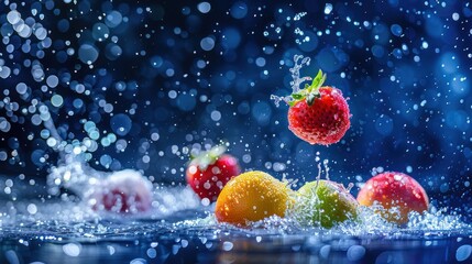 Poster - A splash of fruits in water, showcasing vibrant colors and refreshing droplets.