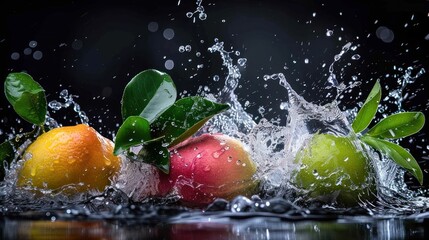 Poster - Fresh fruits splashing in water, showcasing vibrant colors and dynamic motion.
