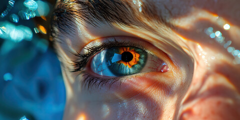 Poster - Close-up Photograph of Human Eye with Teal Iris and Orange Pupil Ring