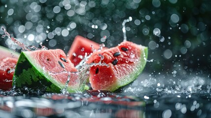 Poster - Juicy watermelon slices splashing in water, creating a refreshing summer vibe.