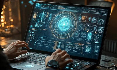 Poster - Hands Typing on Laptop with Glowing Blue Digital Interface