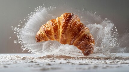 Poster - A croissant splashing flour, showcasing culinary delight and artistry in food photography.