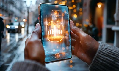 Poster - Person Holding Smartphone with Glowing Graph in City at Night