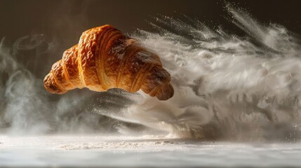 Poster - A croissant appears to be floating amidst a cloud of flour, creating a dynamic culinary scene.