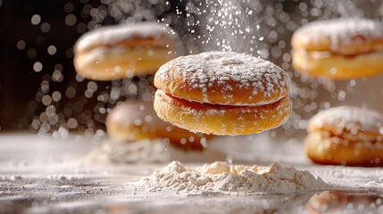 Poster - Floating donuts dusted with powdered sugar above a pile of flour, creating a whimsical scene.