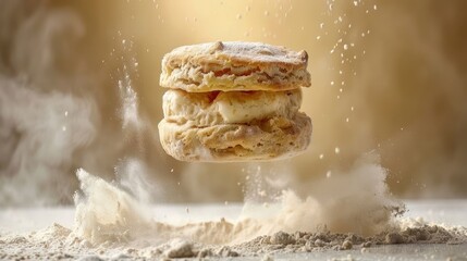 Poster - A floating biscuit sandwich with flour dust, highlighting its texture and freshness.