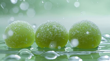 Poster - Three green spheres covered in sugar, resting on a wet surface with a soft focus background.