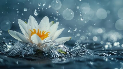 Poster - A serene white water lily surrounded by splashing water droplets in a tranquil setting.