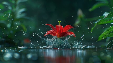 Poster - A vibrant red flower splashes in water, creating a dynamic scene filled with droplets.