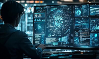 Poster - Person Working Late on Computer with Blue Lit Data Screens