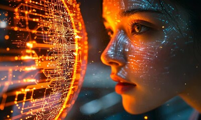Poster - Woman Observing Glowing Data Orb: Futuristic Technology Portrait