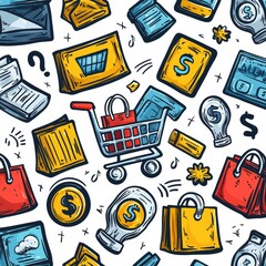 For your image, a description and keywords are available, highlighting a colorful pattern that incorporates shopping bags, a cart, gifts, and a checklist