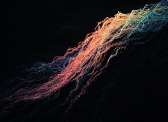 Poster - Against a stark black background, vibrant rainbow light trails curve and twist, creating a dynamic and energetic visual effect where the glowing lines suggest motion and energy