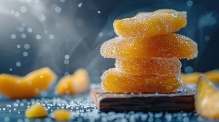 Poster - A close-up of sugared fruit slices arranged on a wooden surface, with a dreamy background.