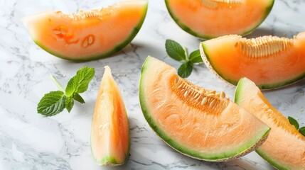 Poster - Slices of cantaloupe melon arranged on a marble surface with mint leaves.