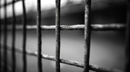 Poster - A close-up view of a metal fence, emphasizing its structure and texture in black and white.