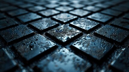 Poster - A close-up of wet, dark tiles with a textured surface, creating a moody atmosphere.