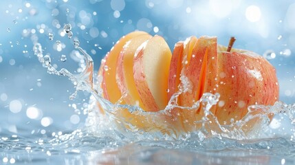 Poster - A sliced apple splashes in water, showcasing freshness and vitality.