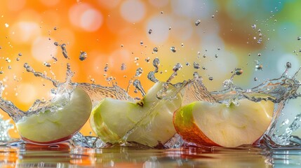 Poster - Slices of apple splashing in water against a colorful background.