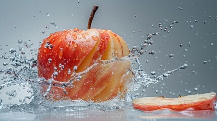 Poster - A red apple splashes in water, showcasing freshness and vitality.