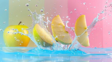 Poster - Splashing apple slices in vibrant water, showcasing freshness and vitality.
