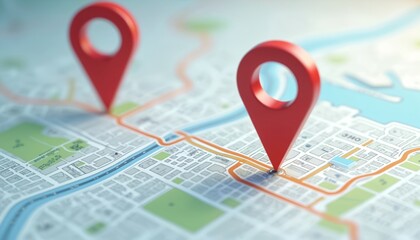 Aufkleber - Digital illustration of location map with two red pins. AI tech in GPs, innovation delivery, future transport logistic route path. New office location concept. Navigation system, delivery service.