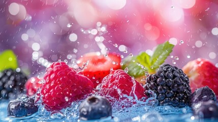 Poster - Fresh berries splashing in water, creating a vibrant and refreshing scene.
