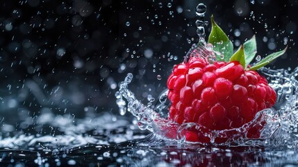 Poster - A raspberry splashes in water, creating a dynamic and refreshing visual effect.
