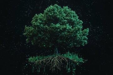 Poster - a tree representing a fusion of nature and technology stands with its branches adorned with circuit 