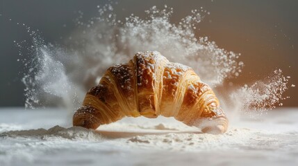 Poster - A croissant dusted with flour, surrounded by a cloud of flour particles.