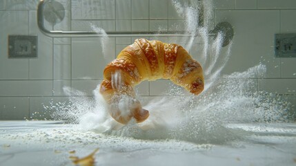 Poster - A croissant splashing into a surface, creating a dynamic and playful visual effect.