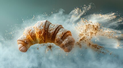 Poster - A croissant is captured mid-explosion, surrounded by a cloud of flour and sparkles.