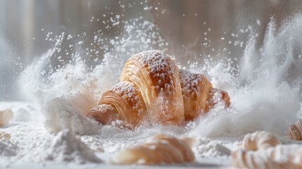Poster - A croissant surrounded by a cloud of flour, capturing the essence of baking.
